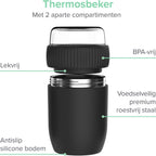  Coninx Thermos Lunchbox - Muesli Beker To Go - Isoleer Lunchpot - Yoghurtbeker To Go - Mueslibeker 840ml (600ml+240ml) - RVS / Zwart