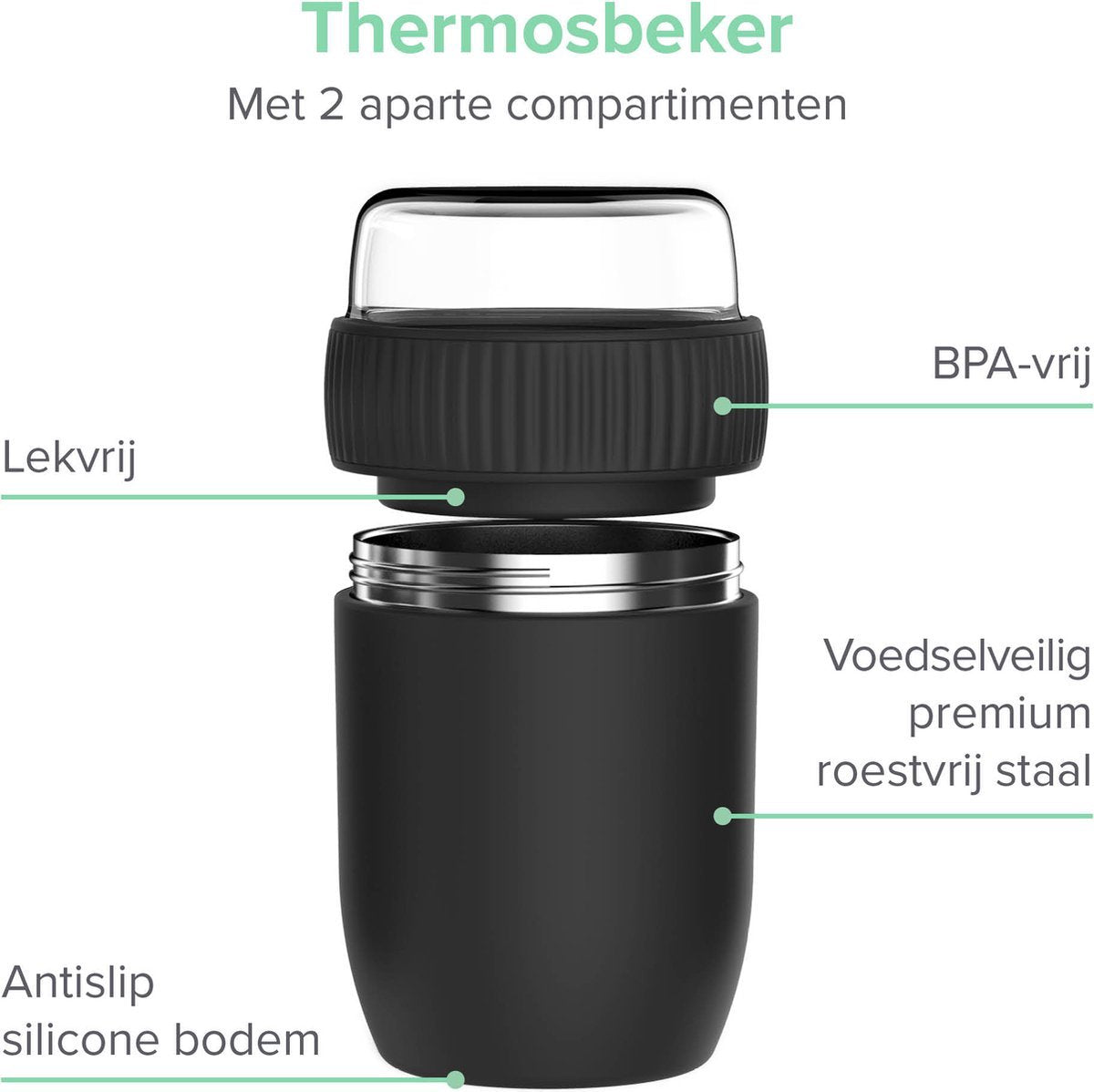  Coninx Thermos Lunchbox - Muesli Beker To Go - Isoleer Lunchpot - Yoghurtbeker To Go - Mueslibeker 840ml (600ml+240ml) - RVS / Zwart