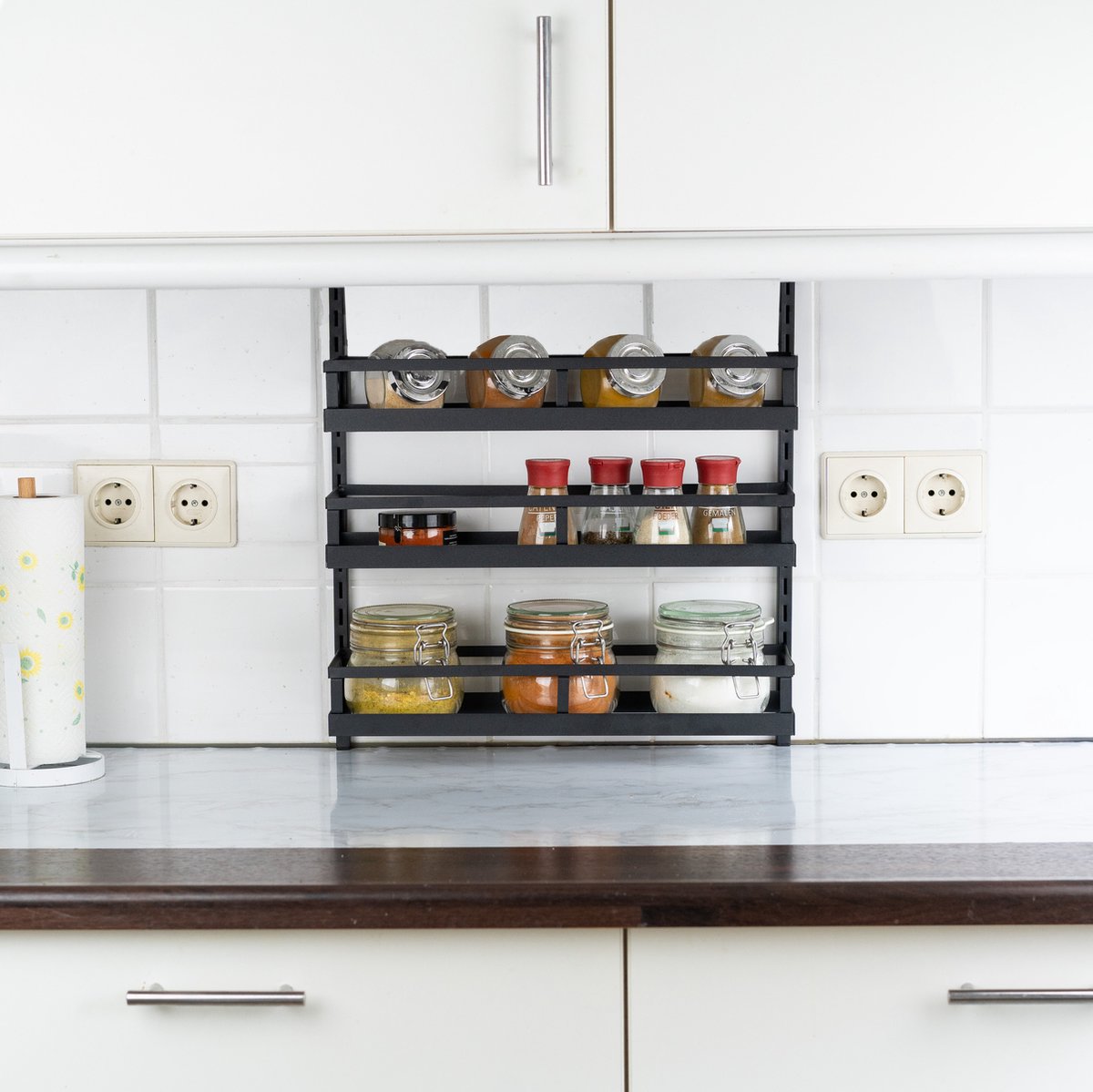  Soome Viljo - Kruidenrek Ophangbaar - Keukenrek - Wandrek - Keuken Organizer - 5 Laags - Verstelbaar - Staal - Zwart - H85xB42.5cm