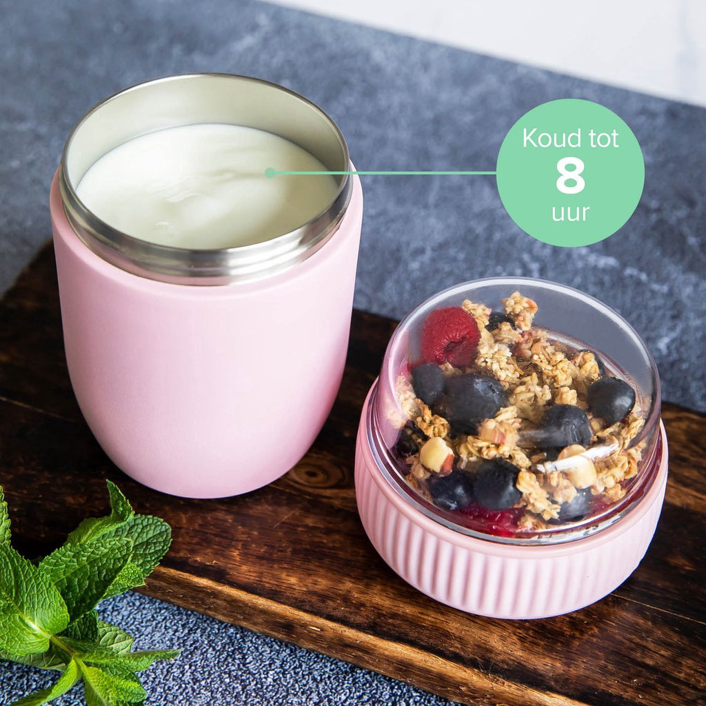  Coninx Thermos Lunchbox - Muesli Beker To Go - Isoleer Lunchpot - Yoghurtbeker To Go - Mueslibeker 840ml (600ml+240ml) - RVS / Roze
