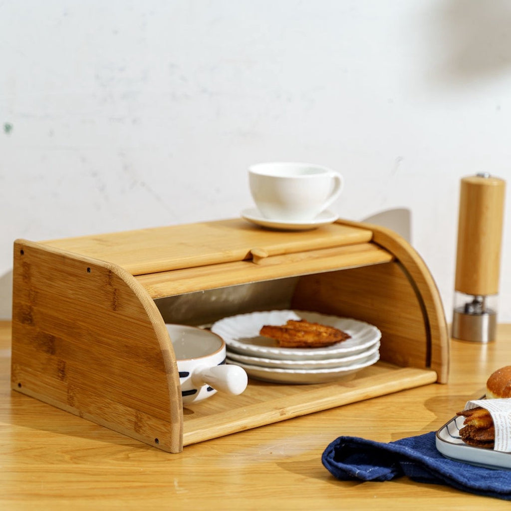 Merkloos Decopatent® Broodtrommel Met Rolluik - Bamboe Houten Brooddoos Met Schuifdeksel - Broodtrommel - Brood Bewaren En Vers Houden
