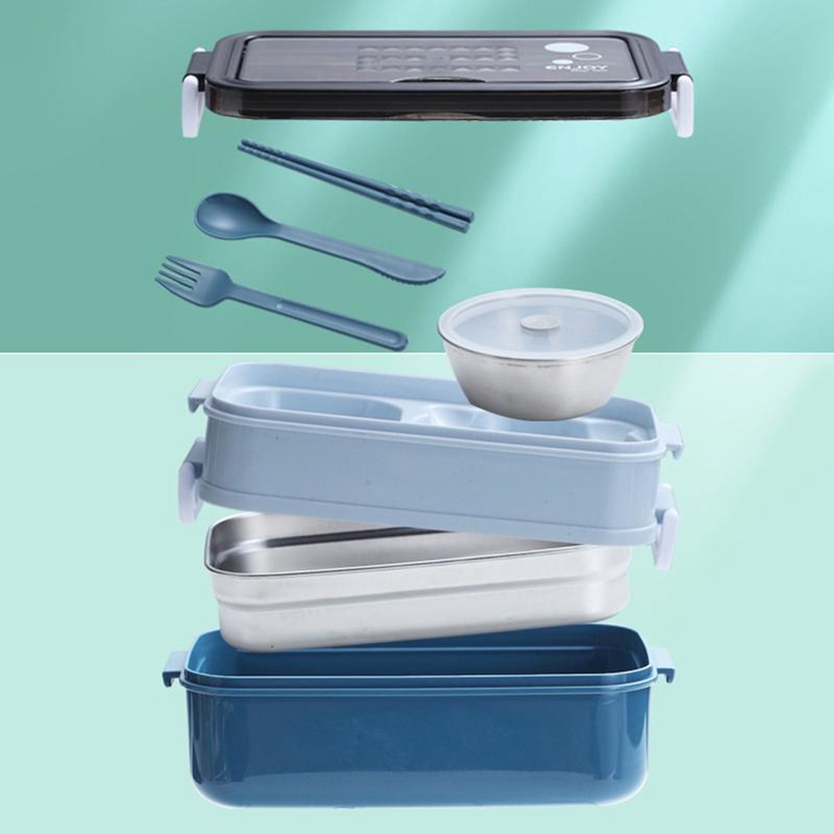  Lunchbox - Meal Prep Bakjes - Lunch Box Met Deksel - Meal Prep – Bento Box - Lunchtrommel Met Bestek Blauw