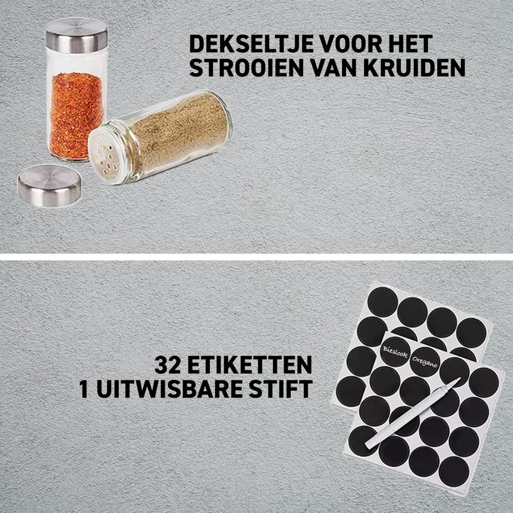 Merkloos Draaibaar Kruidenrek Met 20 Kruidenpotjes - Kruidenrek Staand - Aanrecht Organiser - Glazen Potjes Met Deksel - Inclusief 32 Etiketten En 1 Uitwisbare Stift - Ronde Afwerking - Zwart