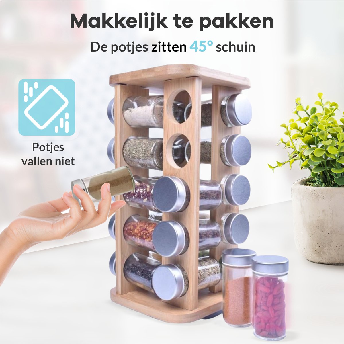  LuZana® Draaibaar Kruidenrek Staand Met Potjes - Bamboe- 20 Kruidenpotjes Met Strooideksel – Incl. Labels, Krijtstift En Trechter