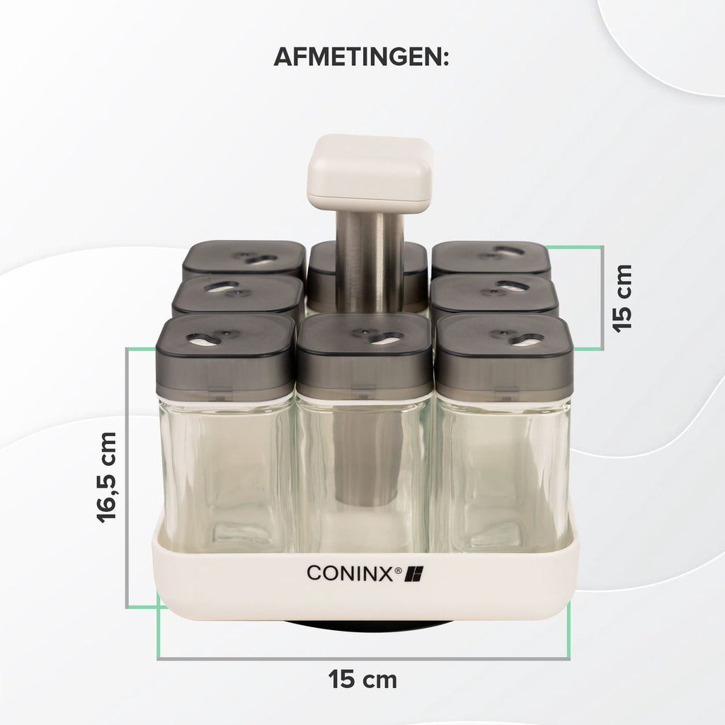  Coninx Kruidenrek Staand - Draaiend Kruidenrek Met Glazen Potjes - Kruidencarrousel Draaibaar - 8 Kruidenpotjes - Wit / RVS