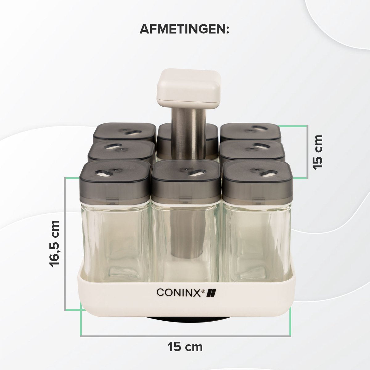 Coninx Kruidenrek Staand - Draaiend Kruidenrek Met Glazen Potjes - Kruidencarrousel Draaibaar - 8 Kruidenpotjes - Wit / RVS