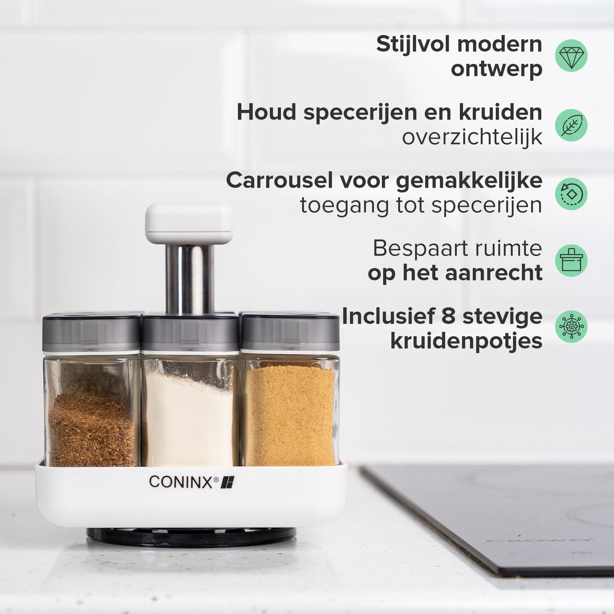  Coninx Kruidenrek Staand - Draaiend Kruidenrek Met Glazen Potjes - Kruidencarrousel Draaibaar - 8 Kruidenpotjes - Wit / RVS