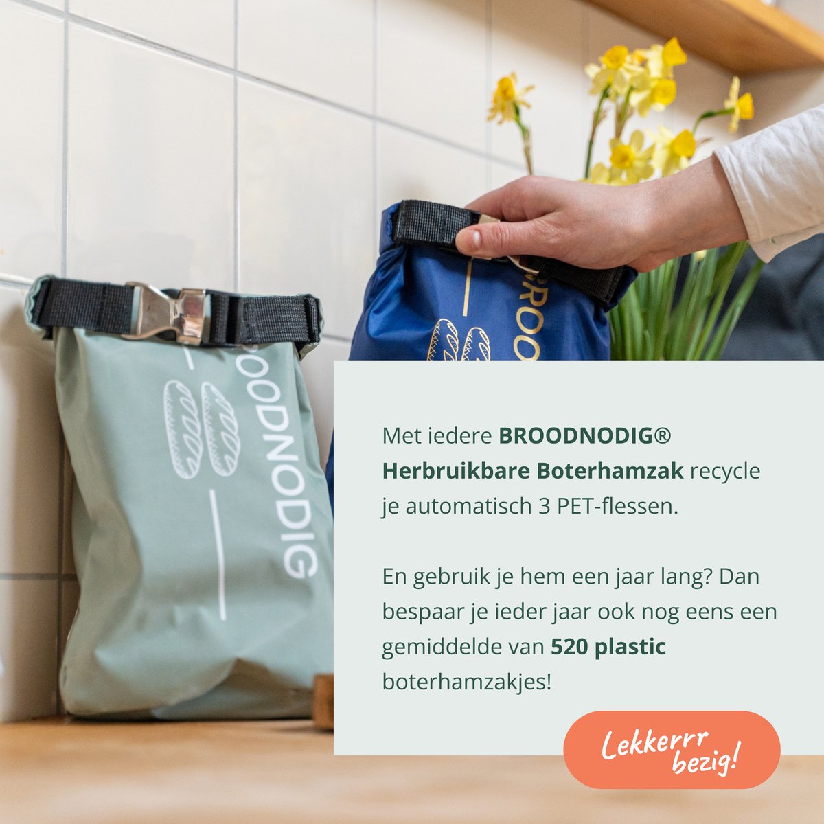  BROODNODIG® - Herbruikbare Boterhamzak - Van 100% Gerecyclede PET-flessen - Ideaal Als Diepvrieszakjes - Lunchzak - Herbruikbaar Boterhamzakje - Foodwrap - Lunchbox - 30x20cm - Pastel Groen