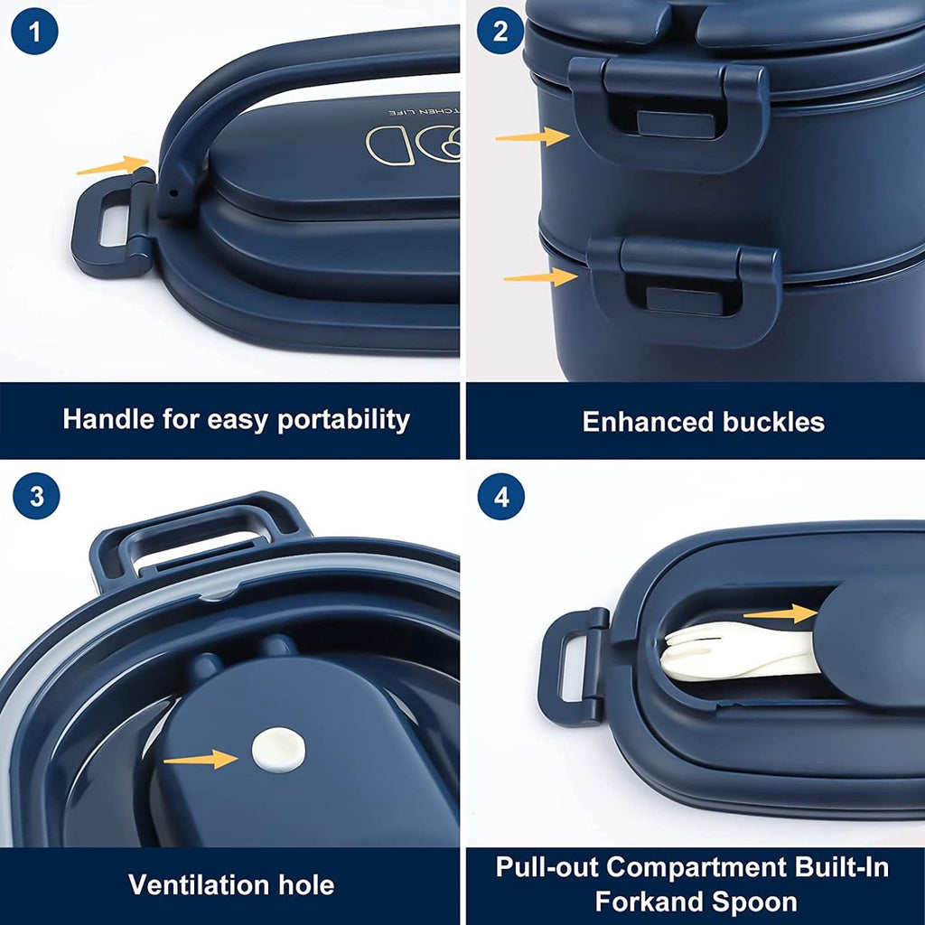  OITUGG Lunchbox Volwassenen: 2-laags Bento Box 1550 Ml Voor Mannen Vrouw - 3-vaks Lunchbox Met Bestek - BPA-vrije Plastic Lunchbox Geschikt Voor Kantoorschool - Magnetronbestendig Vaatwasmachinebestendig (blauw)