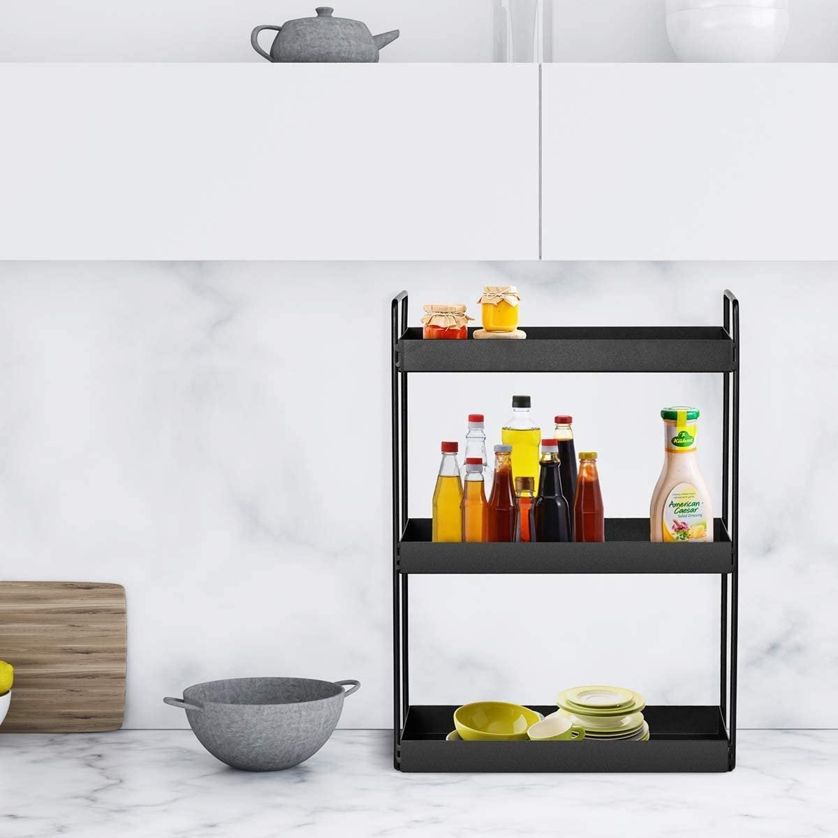 Merkloos 3 Tier Staande Planken Keuken Onder Kast Plank Douche Plank Badkamer Werkblad Organizer Ijdelheid Lade Cosmetica &amp; Make-up Opslag Kruidenrek Zwart