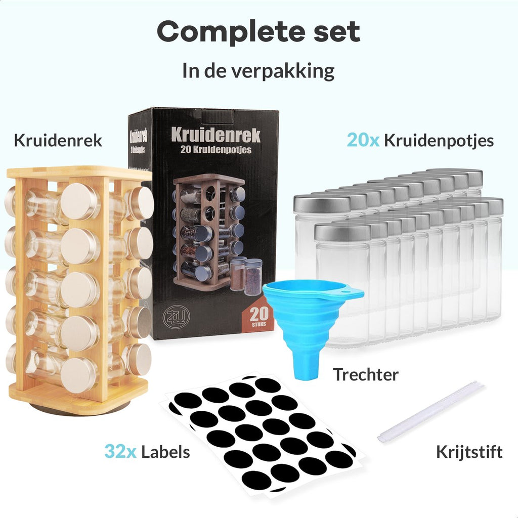  LuZana® Draaibaar Kruidenrek Staand Met Potjes - Bamboe- 20 Kruidenpotjes Met Strooideksel – Incl. Labels, Krijtstift En Trechter