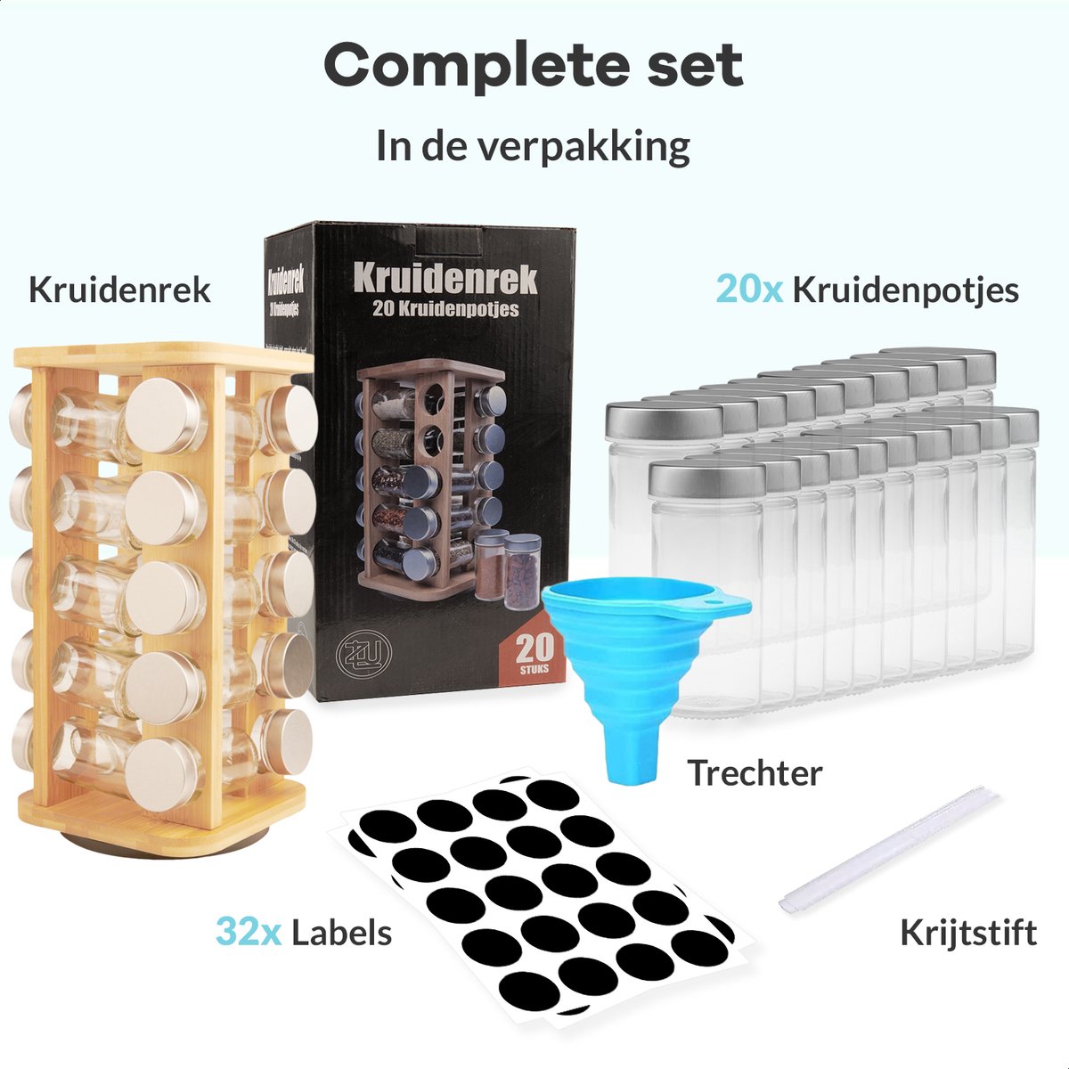  LuZana® Draaibaar Kruidenrek Staand Met Potjes - Bamboe- 20 Kruidenpotjes Met Strooideksel – Incl. Labels, Krijtstift En Trechter
