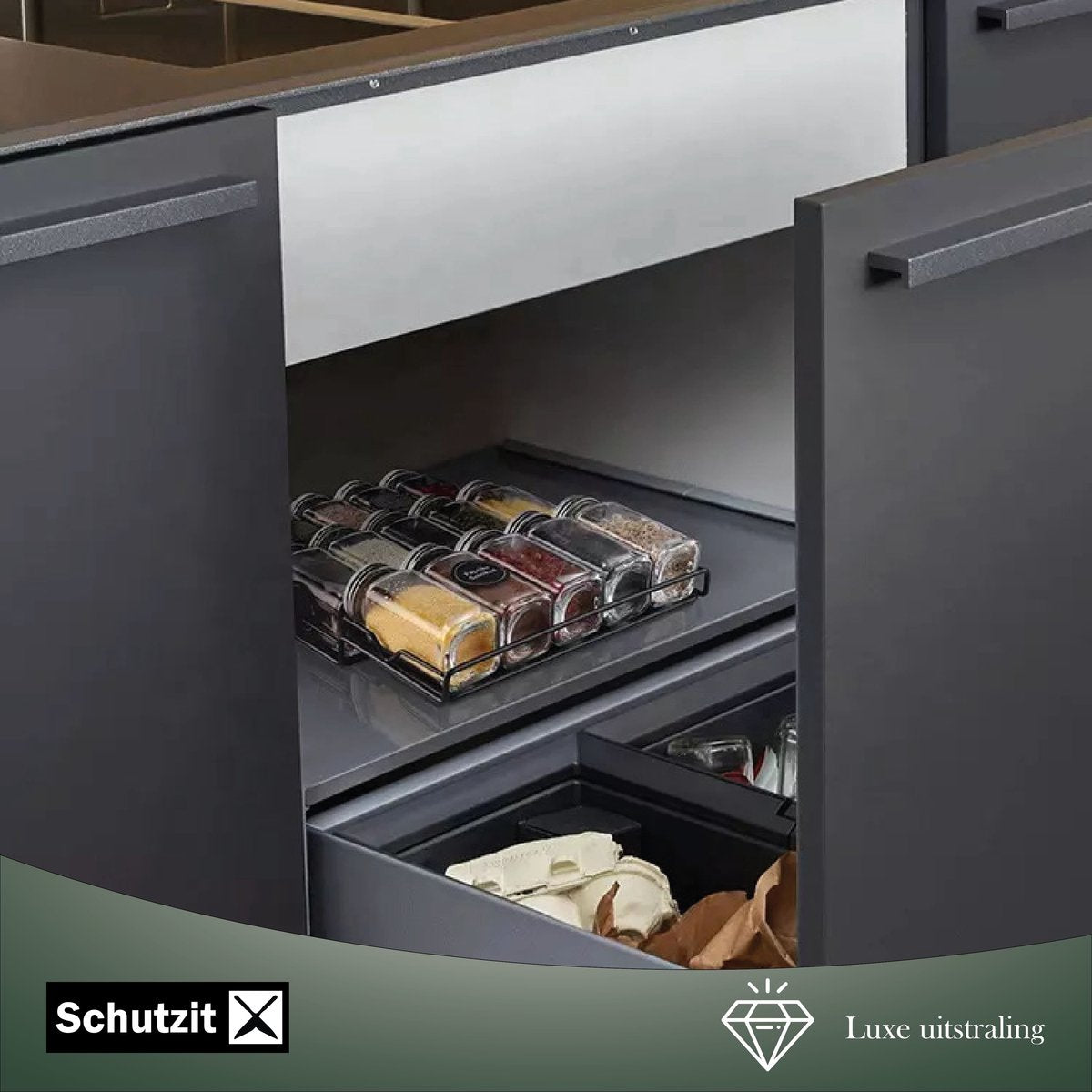  Schutzit - Kruidenrek Lade - Metaal - Zwart - 3 Lagen - Kruiden Organizer Liggend Ladeinzet
