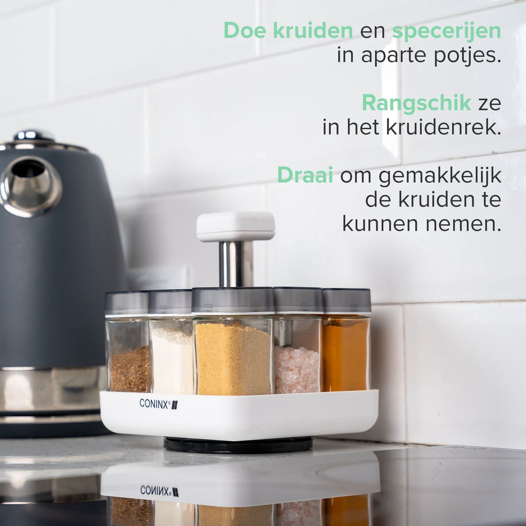  Coninx Kruidenrek Staand - Draaiend Kruidenrek Met Glazen Potjes - Kruidencarrousel Draaibaar - 8 Kruidenpotjes - Wit / RVS