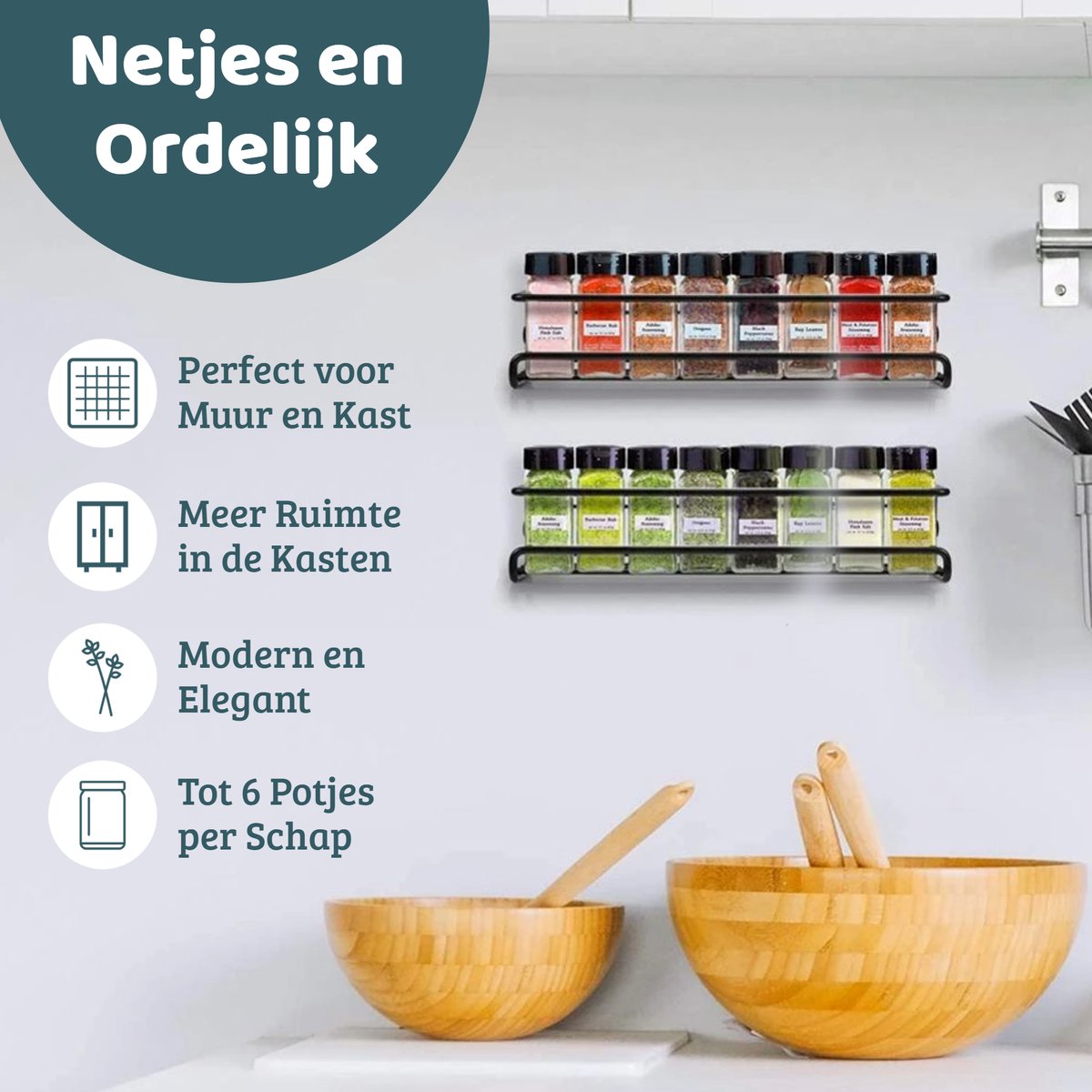  Mmoods Kruidenrek Ophangbaar Zonder Boren - 2 Laags Voor 16 Kruidenpotjes - Speciaal Voor Muur, Wandkast, Kastdeur - Hangende Kruidenorganizer Keuken - Keukenaccessoires