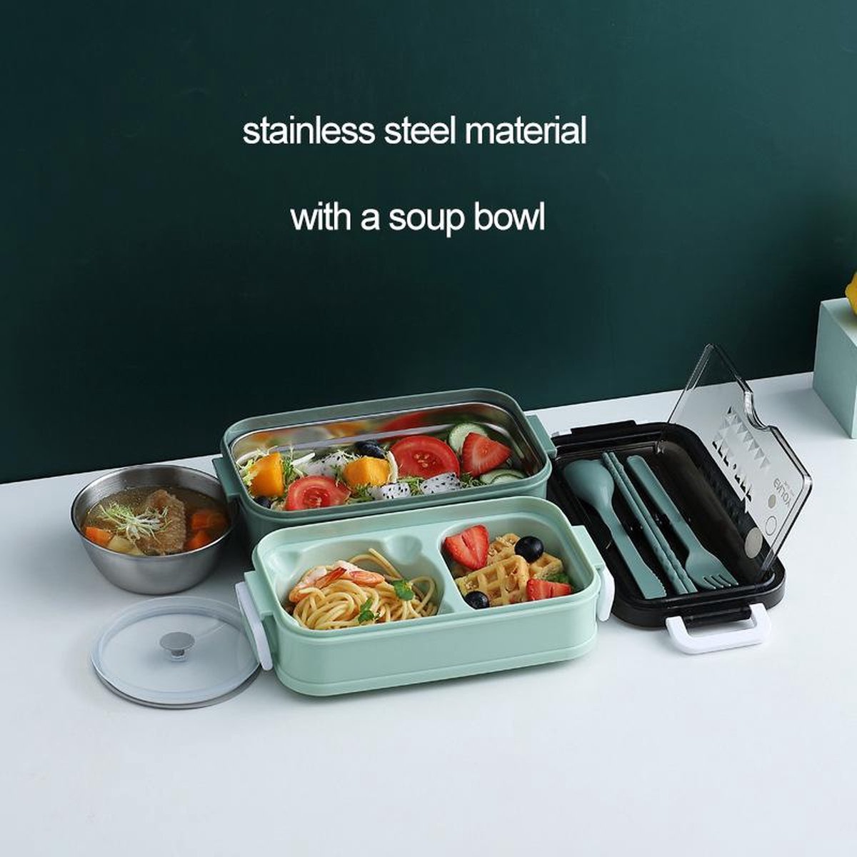  Lunchbox - Meal Prep Bakjes - Lunch Box Met Deksel - Meal Prep – Bento Box - Lunchtrommel Met Bestek Groen