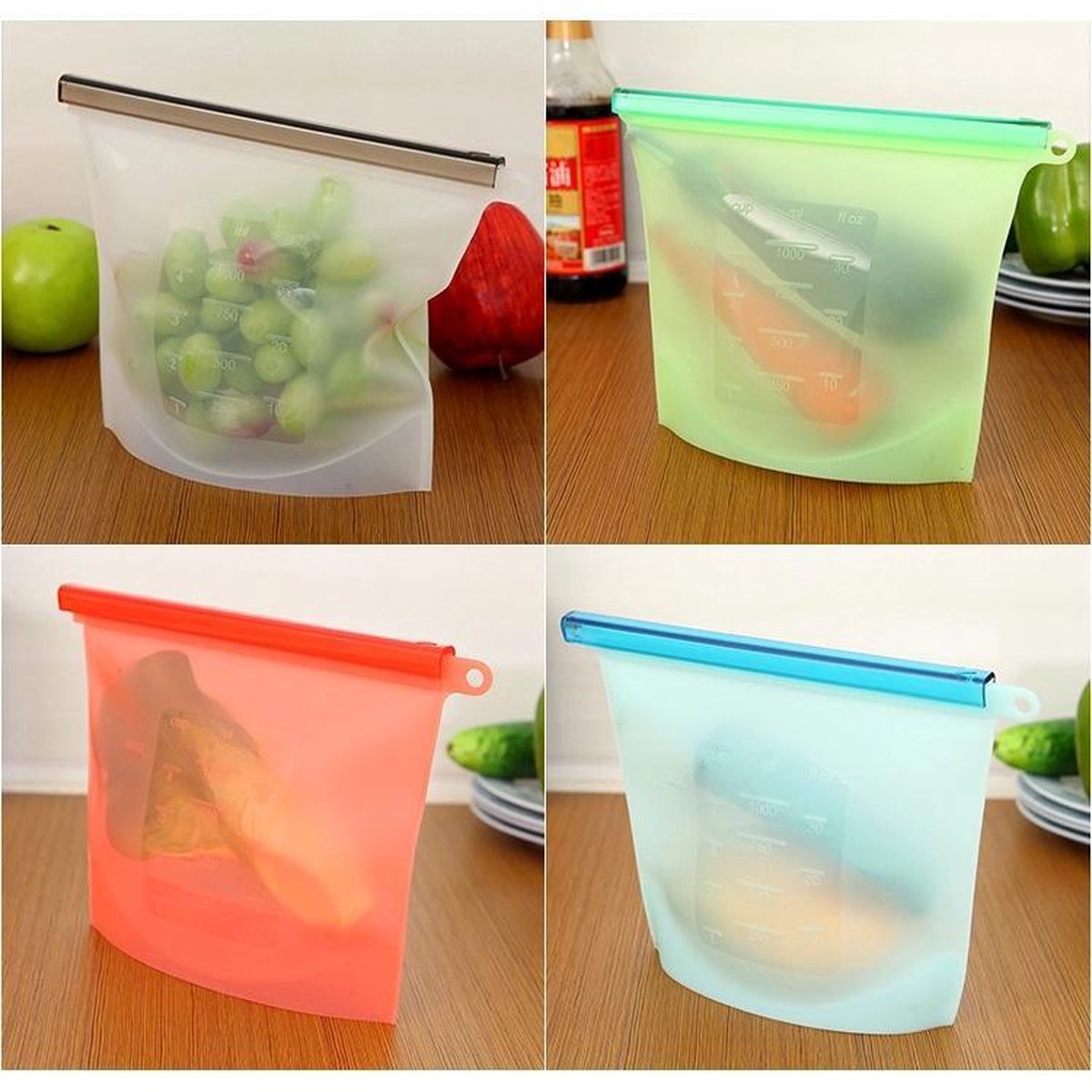 Merkloos Vershoudzakken Food Savers - Diepvrieszakken Vrieszakken Invrieszakken - Duurzaam Voedsel Bewaren - Siliconen - Herbruikbaar - Bewaarzakken - Lekvrij - BPA Vrij - Foodsavers - Fresh Bags - 3+1 Gratis