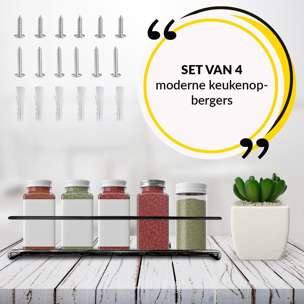  YORGS Kruidenrek Ophangbaar - Kruidenrekje Voor Potjes - Kruidenrekken Hangend 4 Stuks - Zwart - Inc Ophangmateriaal