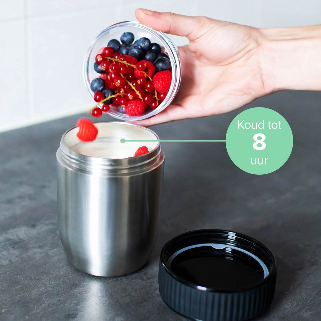  Coninx Thermos Lunchbox - Muesli Beker To Go - Isoleer Lunchpot - Yoghurtbeker To Go - Mueslibeker 840ml (600ml+240ml) - RVS / Zwart