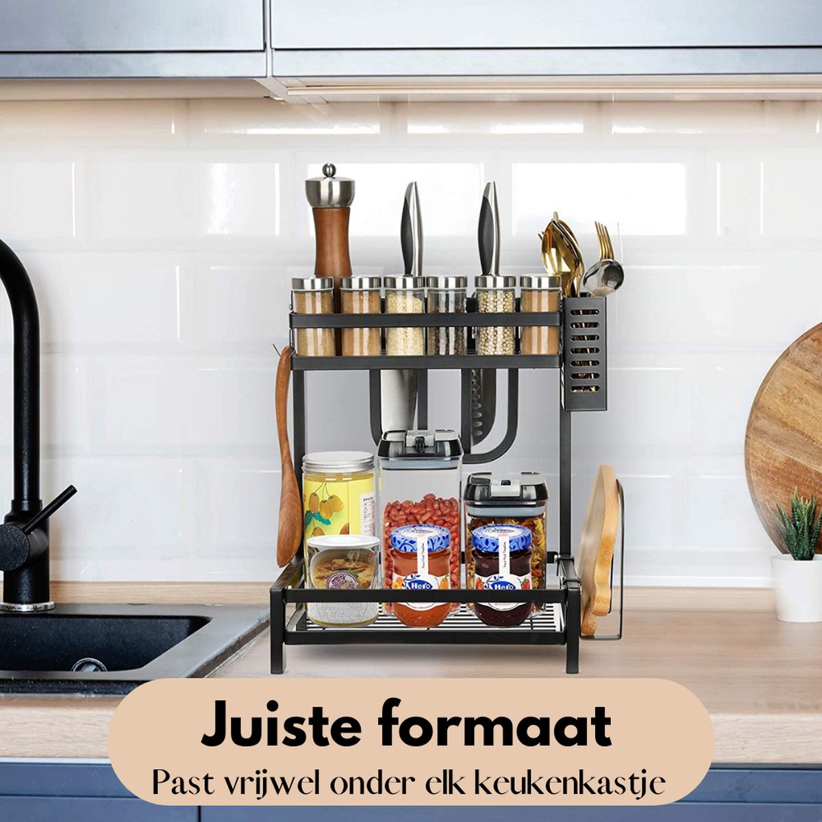  Pazzo Goods - Keuken Organizer - Keukenrek - Zwart - Metaal - 2 Laags - Multifunctioneel - Zwart -