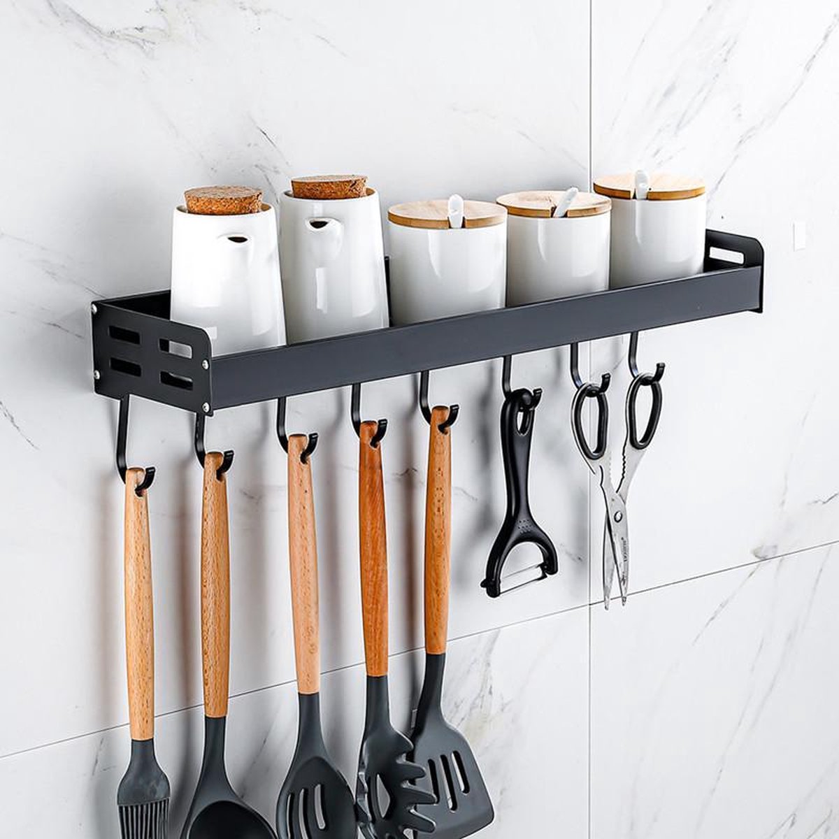 Merkloos TDR - Kruidenrek - Ophangbaar - Inclusief 6 Verplaatsbare Haken Voor Keukengereedschap - 50 Cm - Zwart