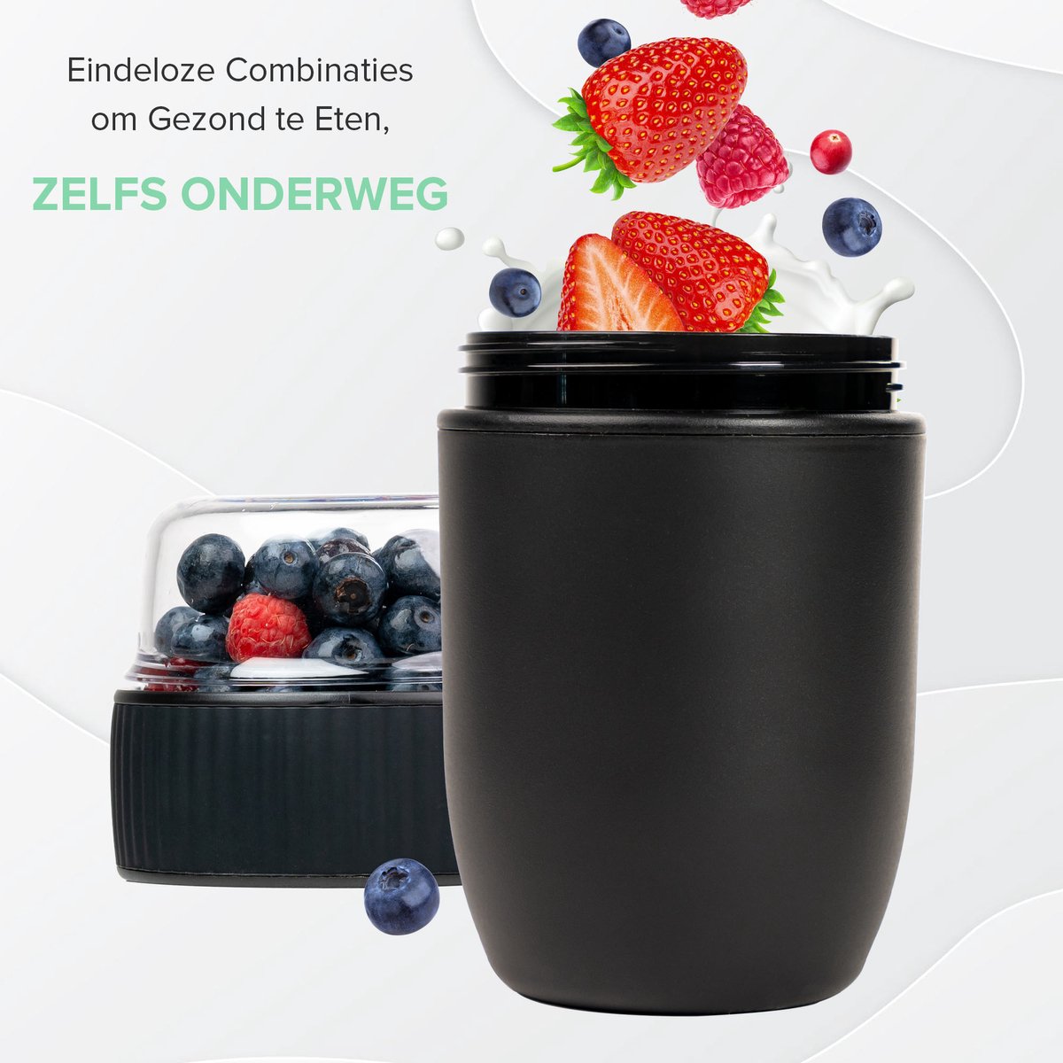  Coninx Yoghurtbeker To Go - Muesli Beker To Go - Lunchbeker - Mueslibeker 640ml (450ml+190ml) - Zwart