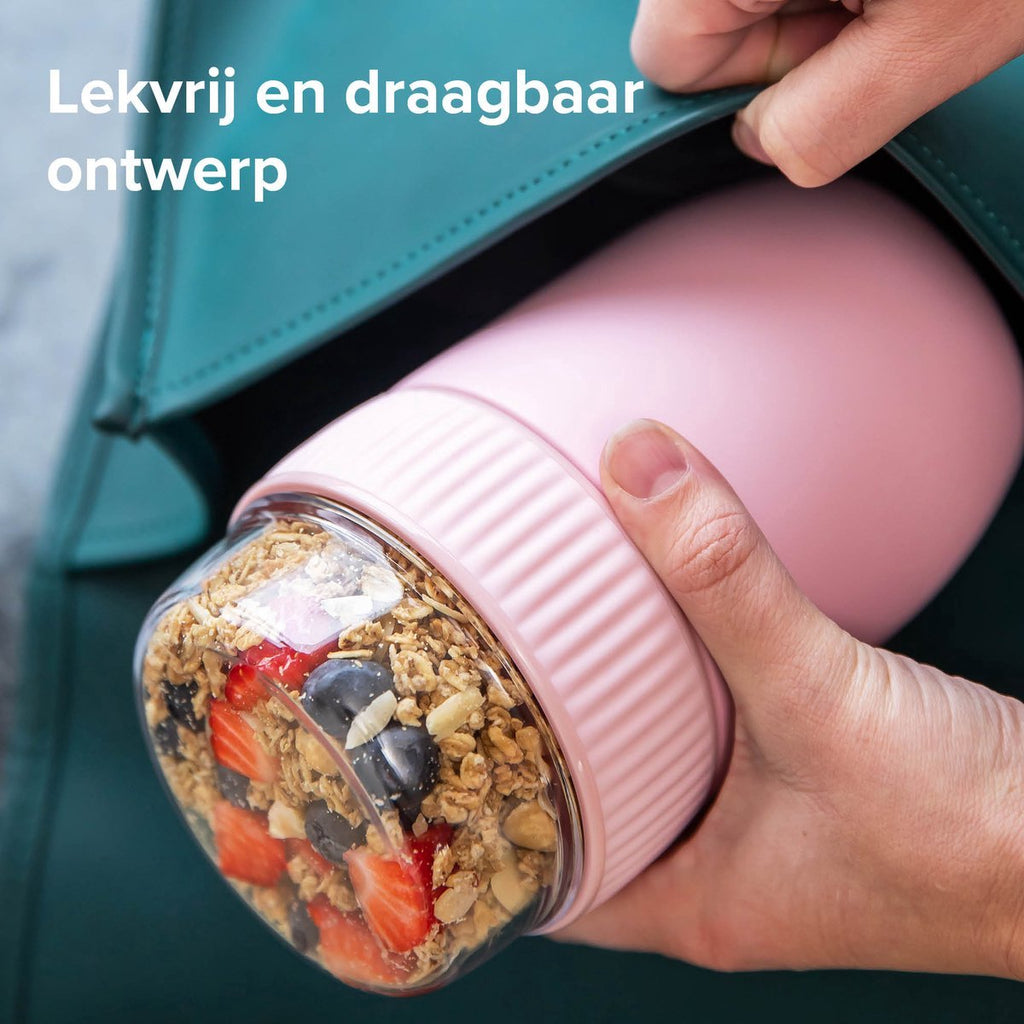  Coninx Thermos Lunchbox - Muesli Beker To Go - Isoleer Lunchpot - Yoghurtbeker To Go - Mueslibeker 840ml (600ml+240ml) - RVS / Roze