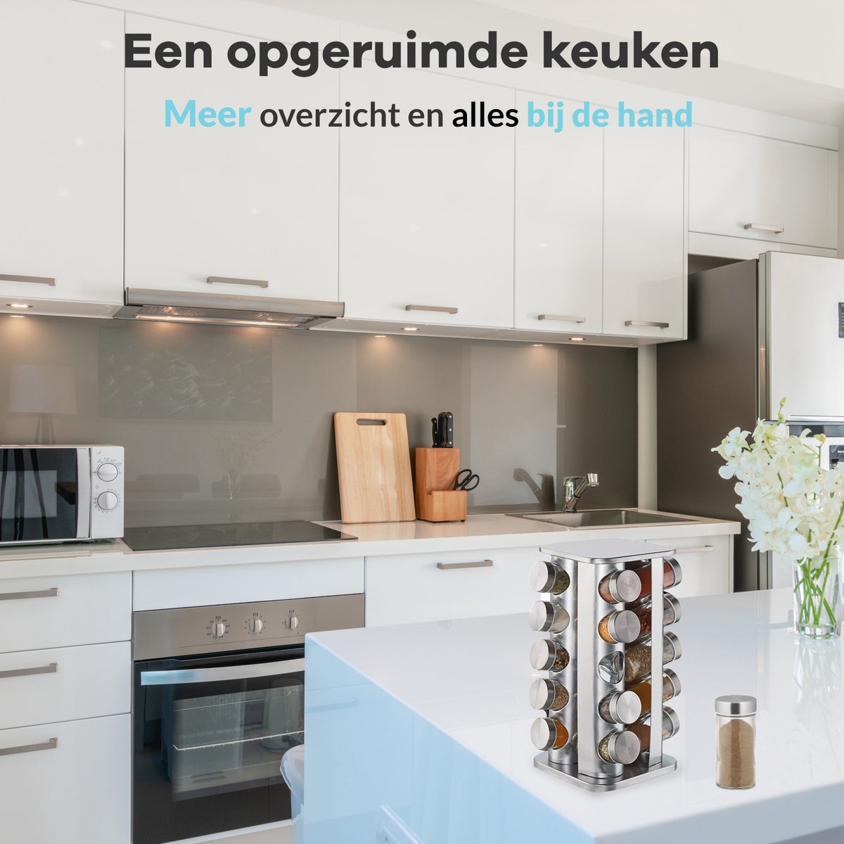  LuZana® Draaibaar Kruidenrek -RVS- Staand Met Potjes - 20 Kruidenpotjes Met Strooideksel – Incl. Labels, Krijtstift En Trechter