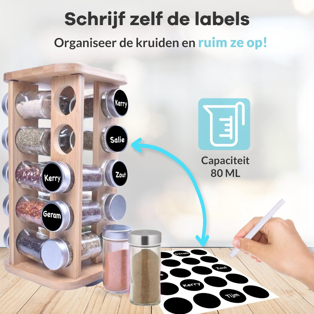  LuZana® Draaibaar Kruidenrek Staand Met Potjes - Bamboe- 20 Kruidenpotjes Met Strooideksel – Incl. Labels, Krijtstift En Trechter
