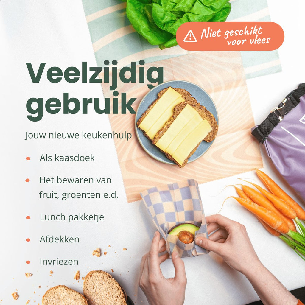  BROODNODIG® - Bijenwas Wraps (Bijenwas Doek) - Set Van 4 - 1S, 2M, 1L - Foodwrap - Beeswax Wraps - Bee Wrap - Beewax - Bijenwasdoek - Zero Waste - Duurzaam Cadeau - Herbruikbaar Boterhamzakje