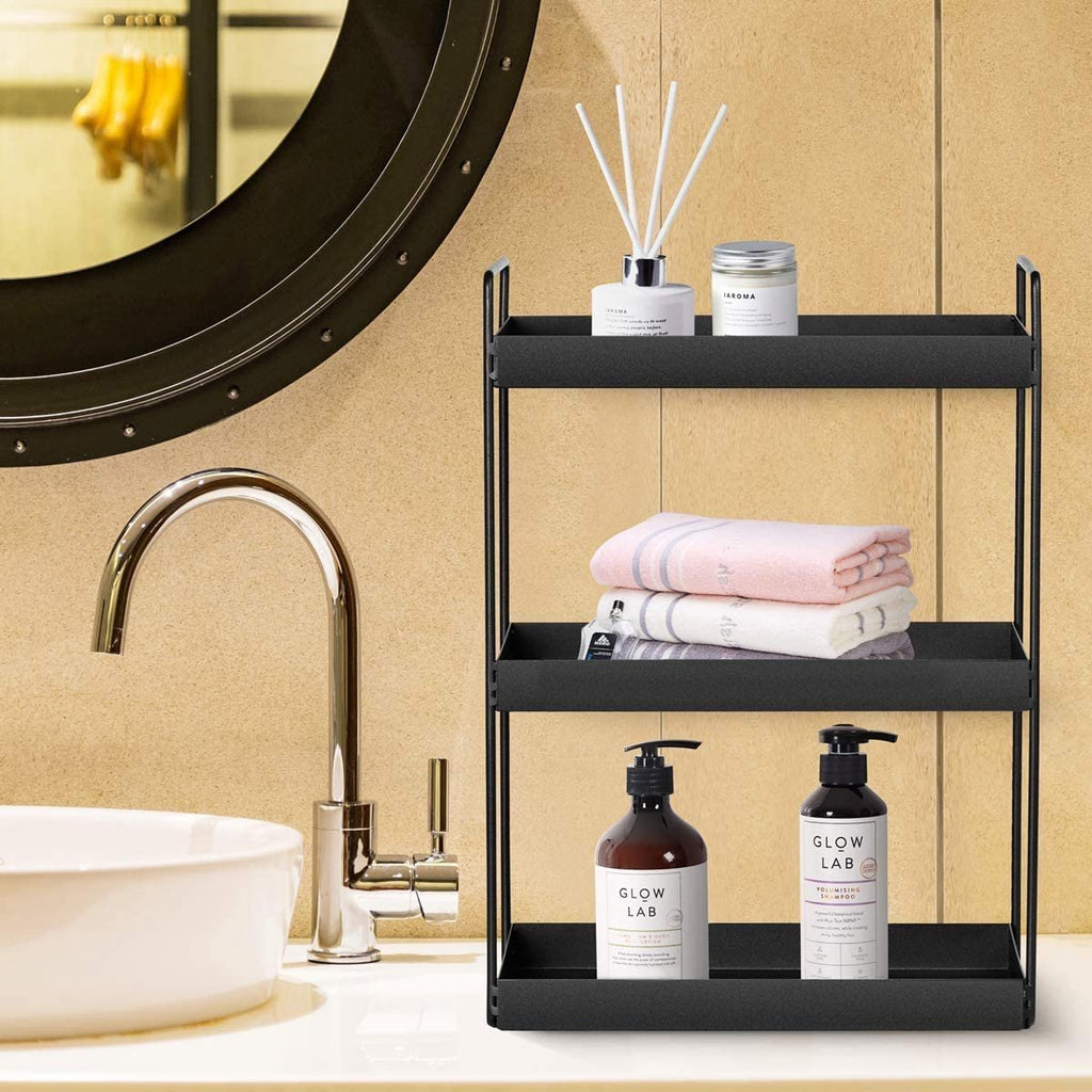 Merkloos 3 Tier Staande Planken Keuken Onder Kast Plank Douche Plank Badkamer Werkblad Organizer Ijdelheid Lade Cosmetica &amp; Make-up Opslag Kruidenrek Zwart
