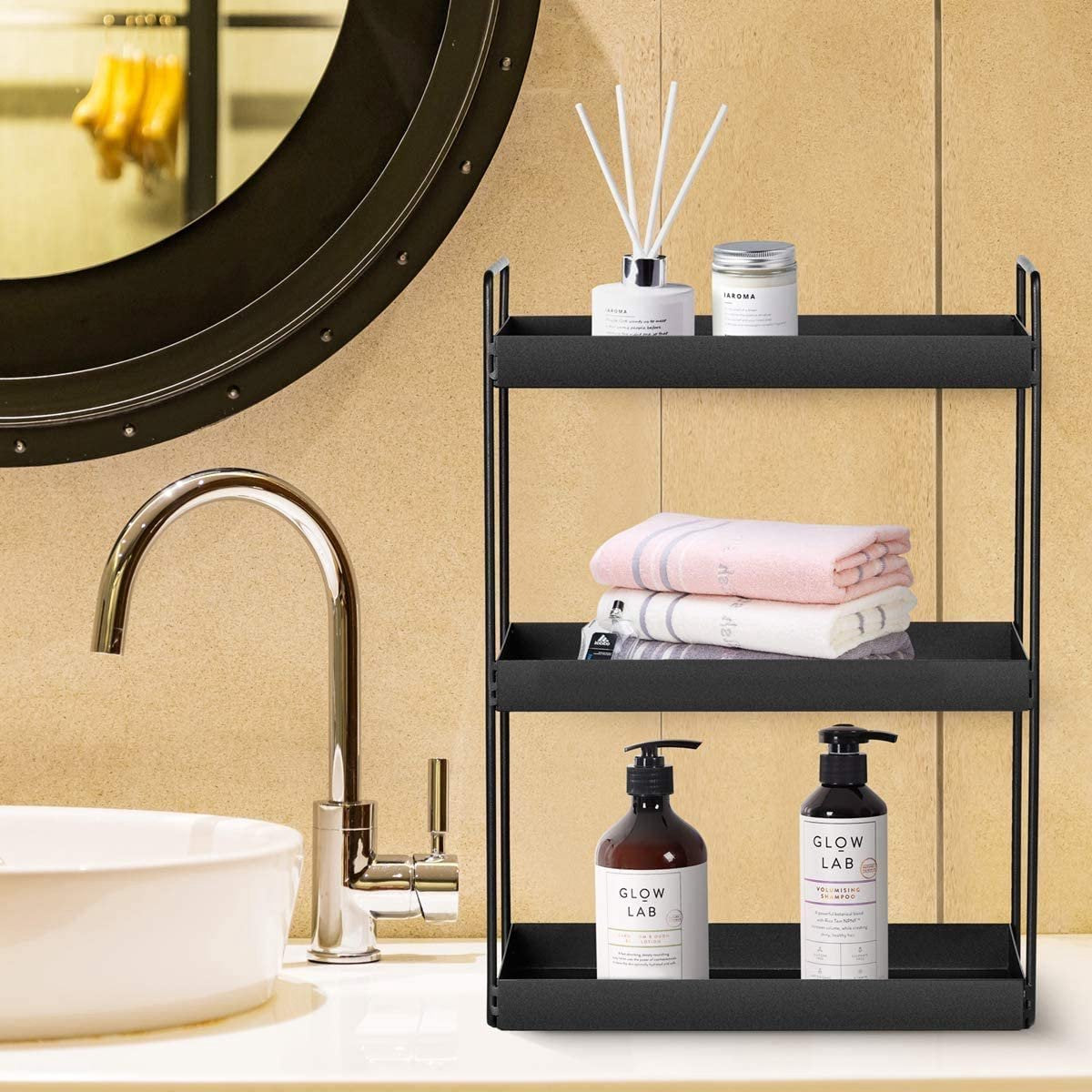 Merkloos 3 Tier Staande Planken Keuken Onder Kast Plank Douche Plank Badkamer Werkblad Organizer Ijdelheid Lade Cosmetica &amp; Make-up Opslag Kruidenrek Zwart
