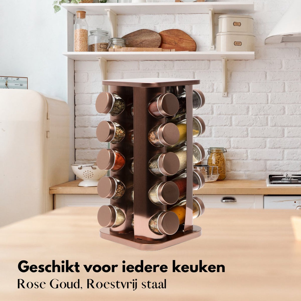  Pazzo Goods - Kruidenrek Staand - Kruidenrek Met Potjes - Rose Goud - RVS - Kruidenrek Draaibaar - 20 Kruidenpotjes - Inclusief Stickers &amp; Stift - Kruiden Carrousel