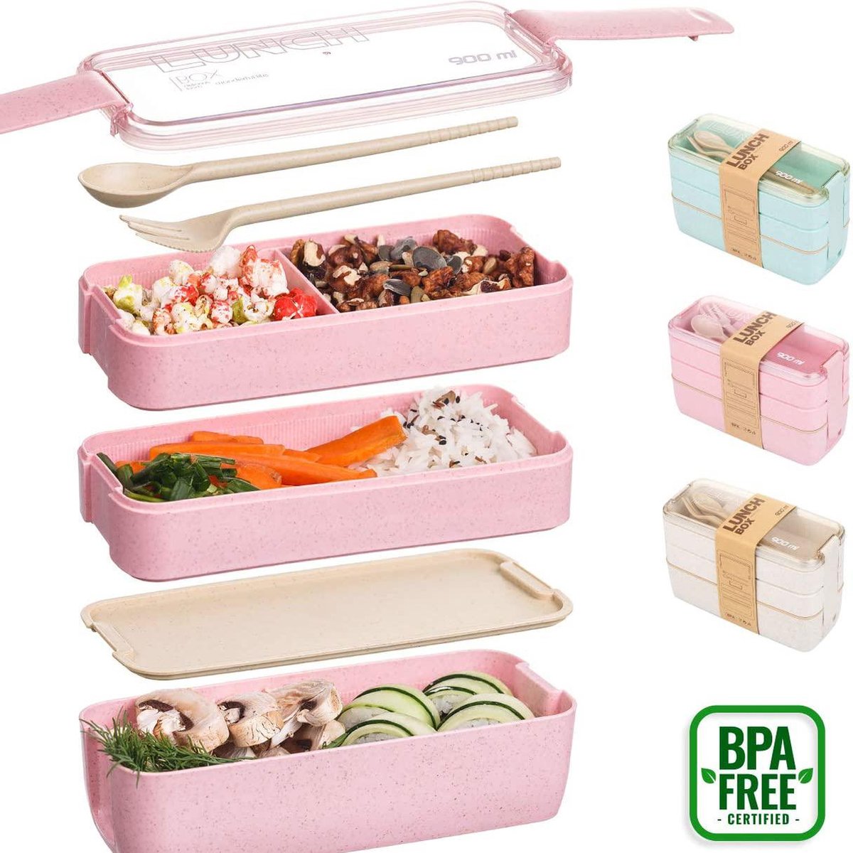  Lunchbox - Meal Prep Bakjes - Lunch Box Met Deksel - Meal Prep – Bento Box - Lunchtrommel Met Bestek Beige