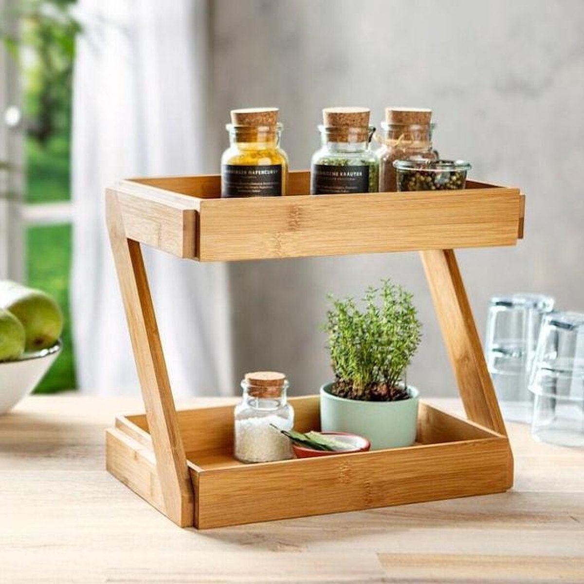 Merkloos Decopatent® 2 Laags Keuken Opbergrek - Staand Rek 2 Etages - Keukenrek - Bamboe Hout - Etagere Rek - Kruidenrek - Keuken Organizer