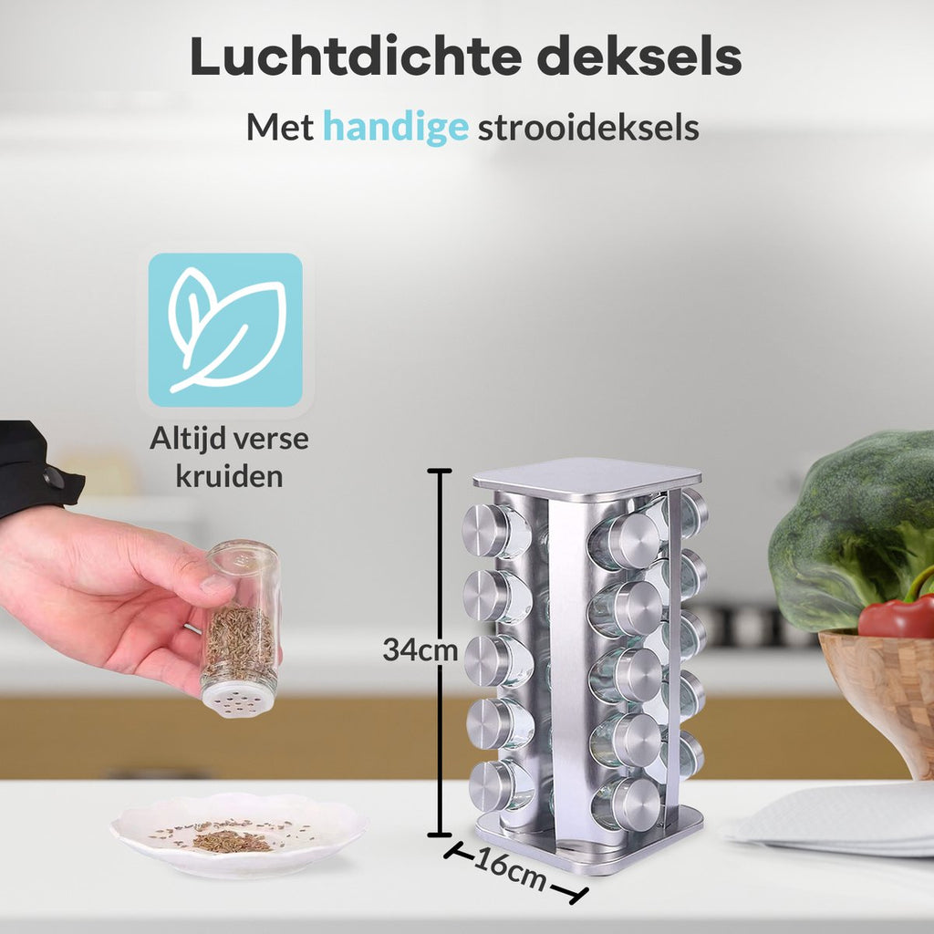  LuZana® Draaibaar Kruidenrek -RVS- Staand Met Potjes - 20 Kruidenpotjes Met Strooideksel – Incl. Labels, Krijtstift En Trechter
