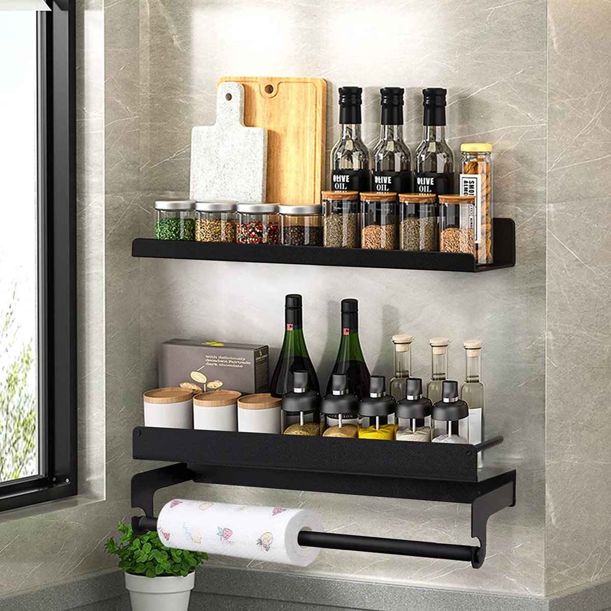 Merkloos Kruidenrek Met Rolhouder, Keuken Organizer, Kruidenrek Met/zonder Boren, Kruidenrek, Wandorganizer Voor Specerijen, Set Van 2 Zwarte Keukenrekken, Kruidenrek Ophangbaar, Wandrek, Staal, Zwart, Keukenrek