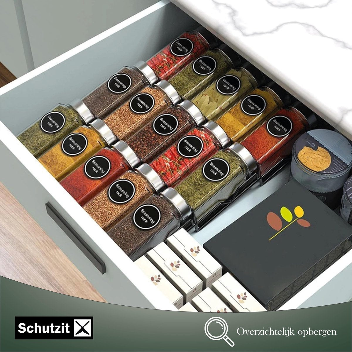  Schutzit - Kruidenrek Lade - Metaal - Zwart - 3 Lagen - Kruiden Organizer Liggend Ladeinzet