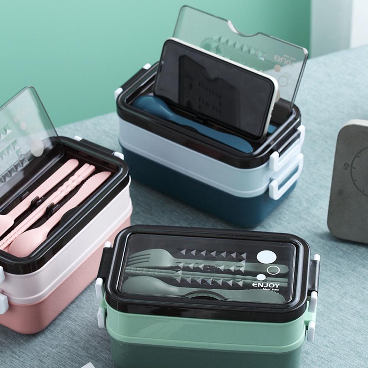  Lunchbox - Meal Prep Bakjes - Lunch Box Met Deksel - Meal Prep – Bento Box - Lunchtrommel Met Bestek Blauw