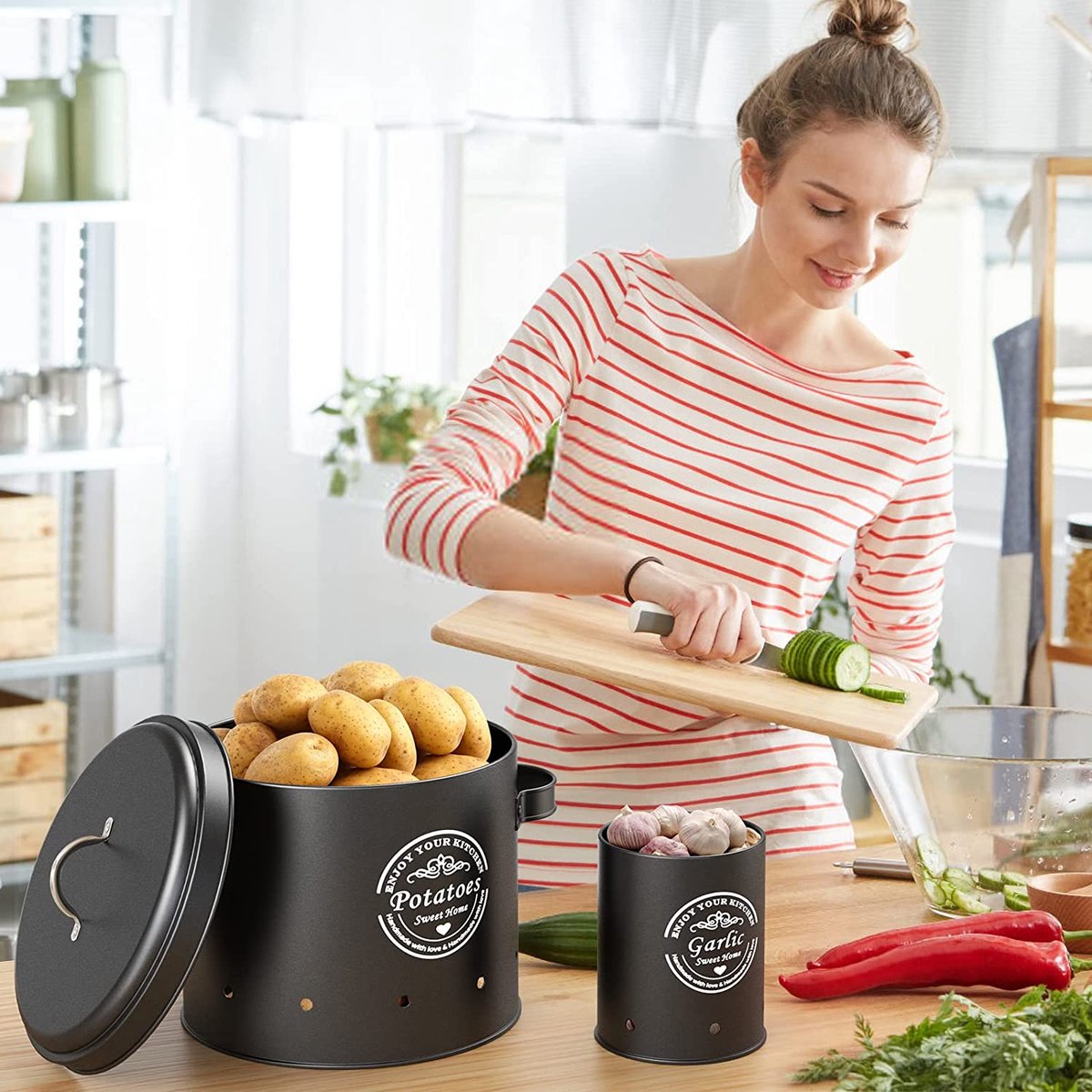  Professionele Bewaardozen - Set Van 3 - Voor Aardappels, Uien En Knoflook - Retro Design - Voorraadcontainer Van Metaal - Keukenopslag - Groentes Bewaren Voor Lange Tijd - Perfect Cadeau Voor In De Keuken