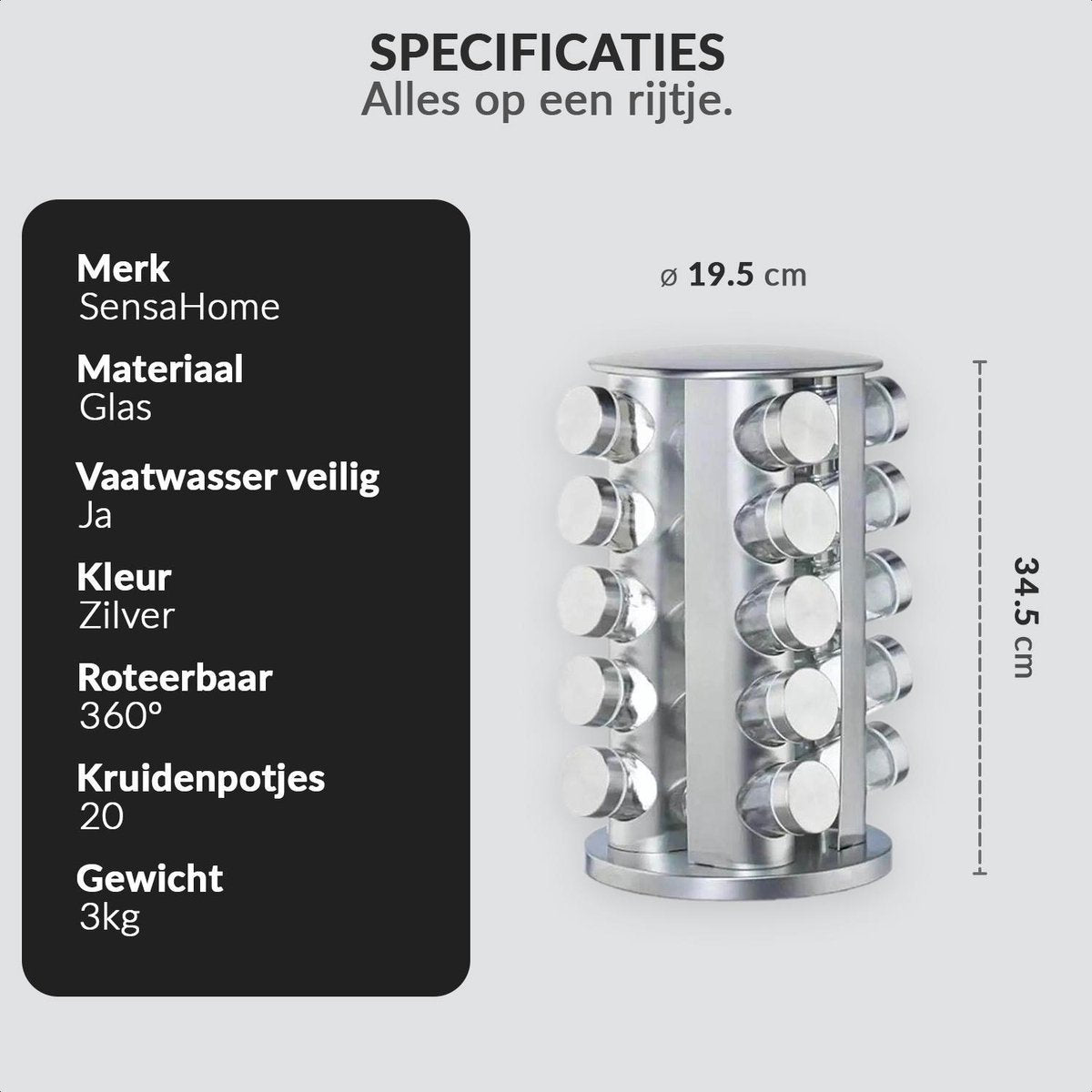  SensaHome 360 Graden Roteerbare Kruidencarrousel - Kruidenrek/Kruidenmolen - 20 Kruidenpotjes - 5 Laags - Draaibaar - 20 Specerijen Potjes - Specerijenmolen