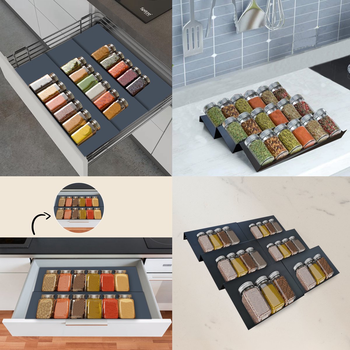  Kitchenful Kruidenrek Lade - Kruiden Organiser - 6 Stuks - Zwart - Verstelbaar - Metaal - Kruiden Opberger