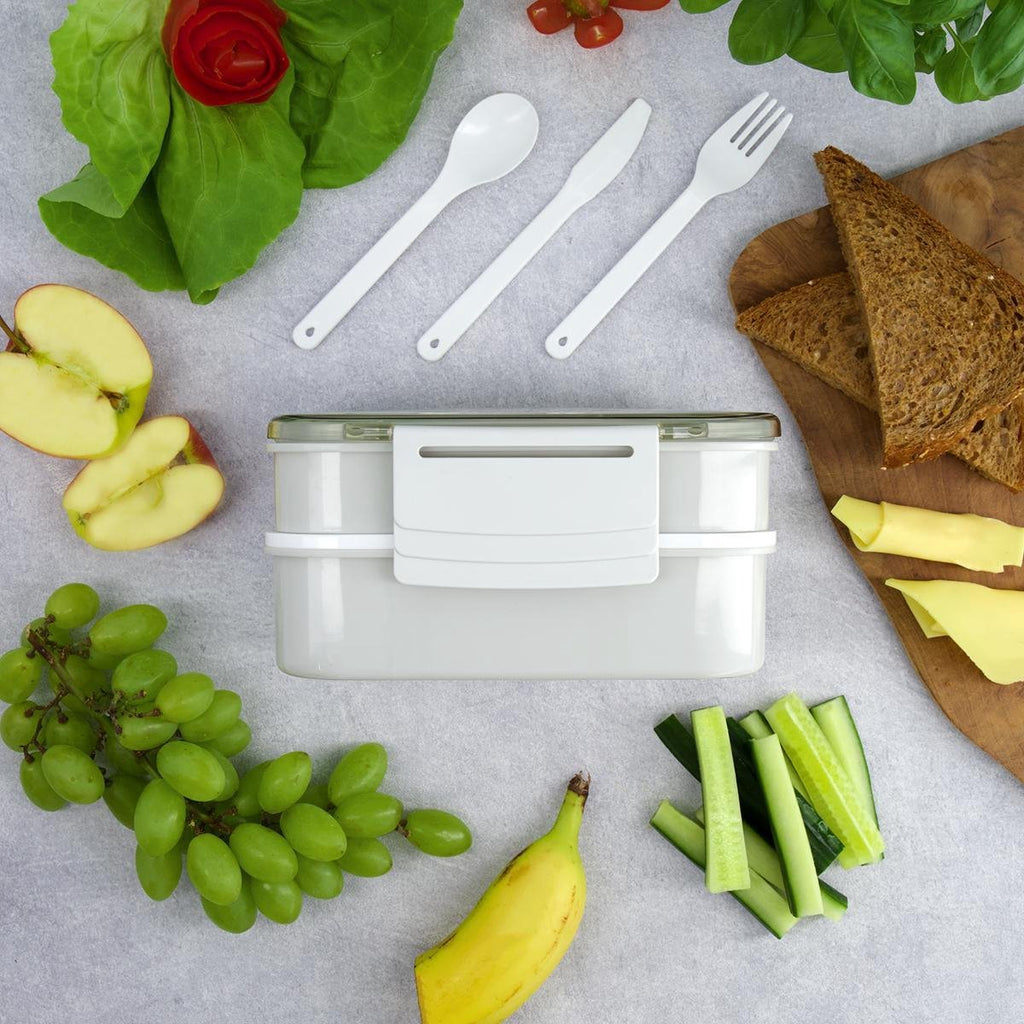  Homra Lunchbox STAQS Grey - Bento Box - 2 Laags Broodtrommel - 3 Compartimenten - Grijs - Lunch To Go - Duurzaam Kunststof - BPA Vrij - 3 Vaks Lunchtrommel Voor Volwassenen - Inclusief Bestek - Magnetron, Diepvries, Vaatwasser Bestendig - Vers Houden