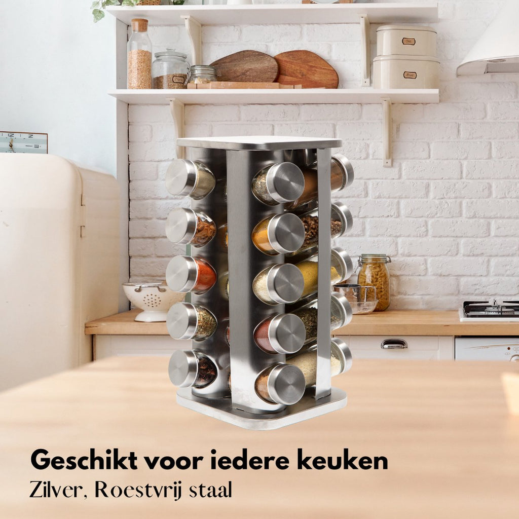  Pazzo Goods - Kruidenrek Staand - Kruidenrek Met Potjes - Zilver - RVS - Kruidenrek Draaibaar - 20 Kruidenpotjes - Inclusief Stickers &amp; Stift - Kruiden Carrousel