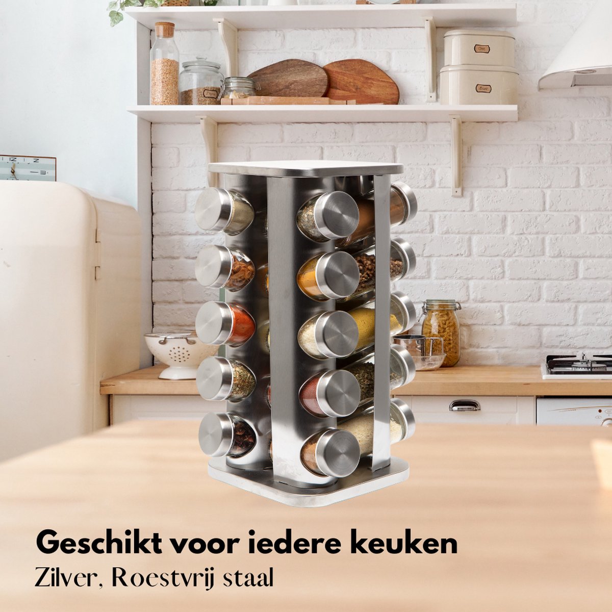  Pazzo Goods - Kruidenrek Staand - Kruidenrek Met Potjes - Zilver - RVS - Kruidenrek Draaibaar - 20 Kruidenpotjes - Inclusief Stickers &amp; Stift - Kruiden Carrousel