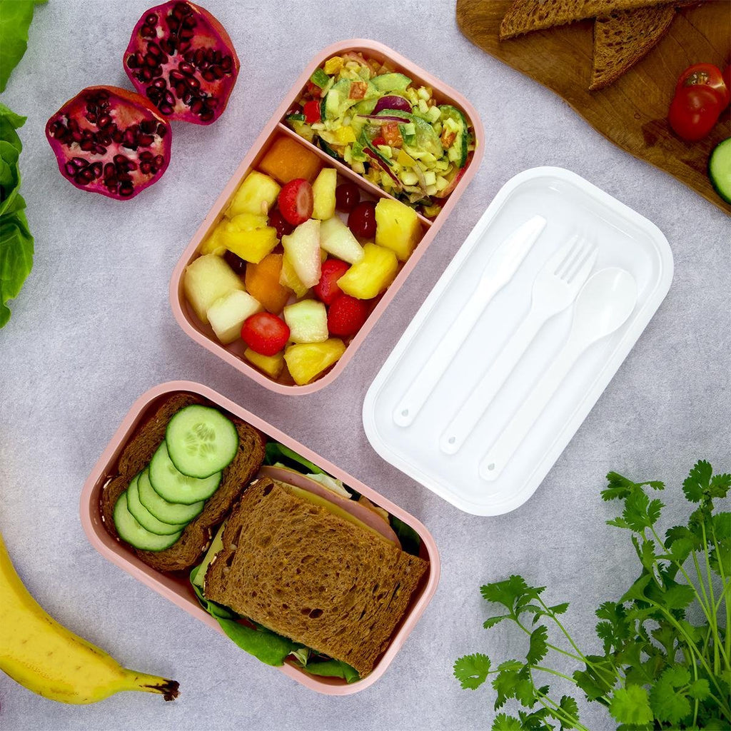  Homra Lunchbox STAQS Pink - Bento Box - 2 Laags Broodtrommel - 3 Compartimenten - Roze - Lunch To Go - Duurzaam Kunststof - BPA Vrij - 3 Vaks Lunchtrommel Voor Volwassenen - Inclusief Bestek - Magnetron, Diepvries, Vaatwasser Bestendig - Vers Houden