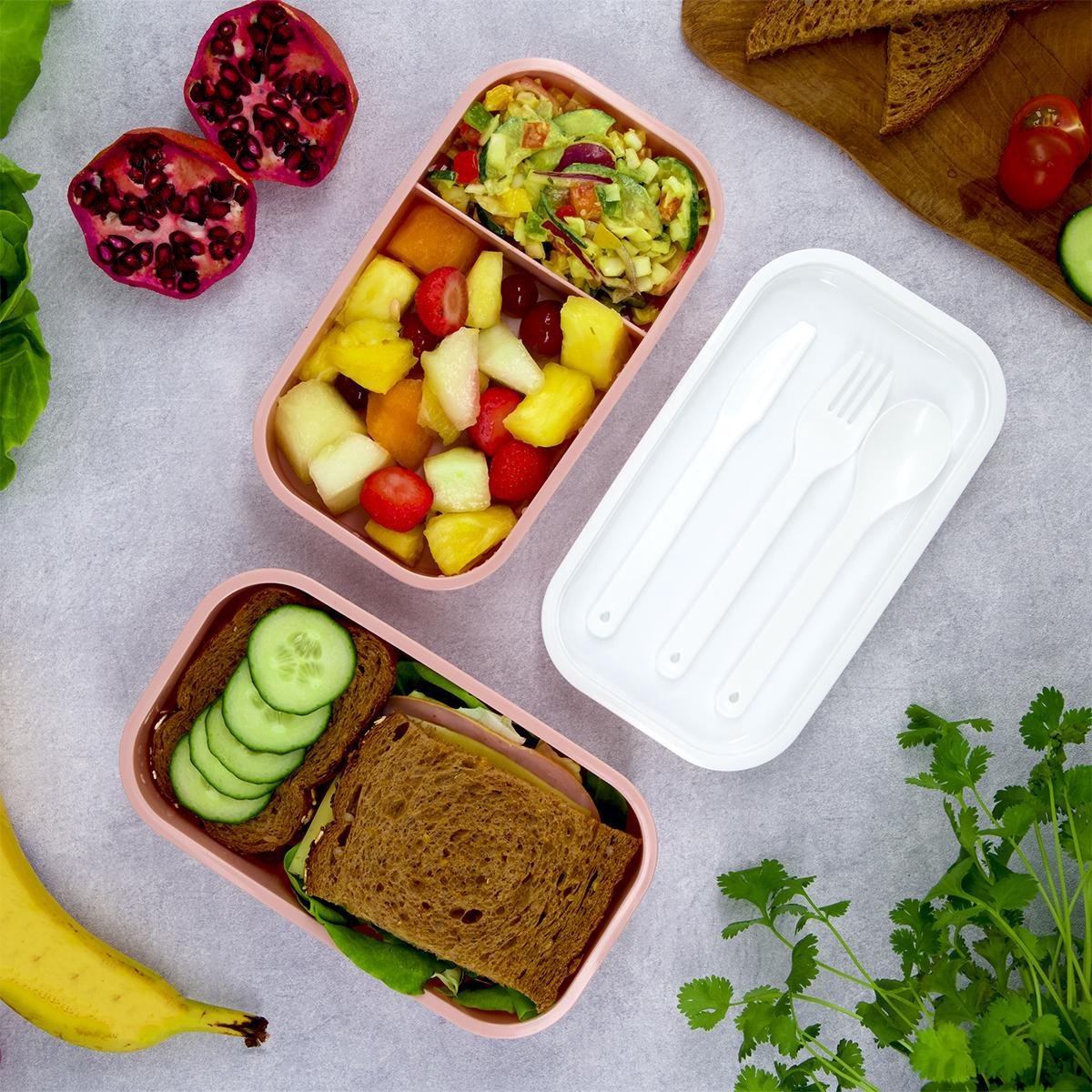  Homra Lunchbox STAQS Pink - Bento Box - 2 Laags Broodtrommel - 3 Compartimenten - Roze - Lunch To Go - Duurzaam Kunststof - BPA Vrij - 3 Vaks Lunchtrommel Voor Volwassenen - Inclusief Bestek - Magnetron, Diepvries, Vaatwasser Bestendig - Vers Houden