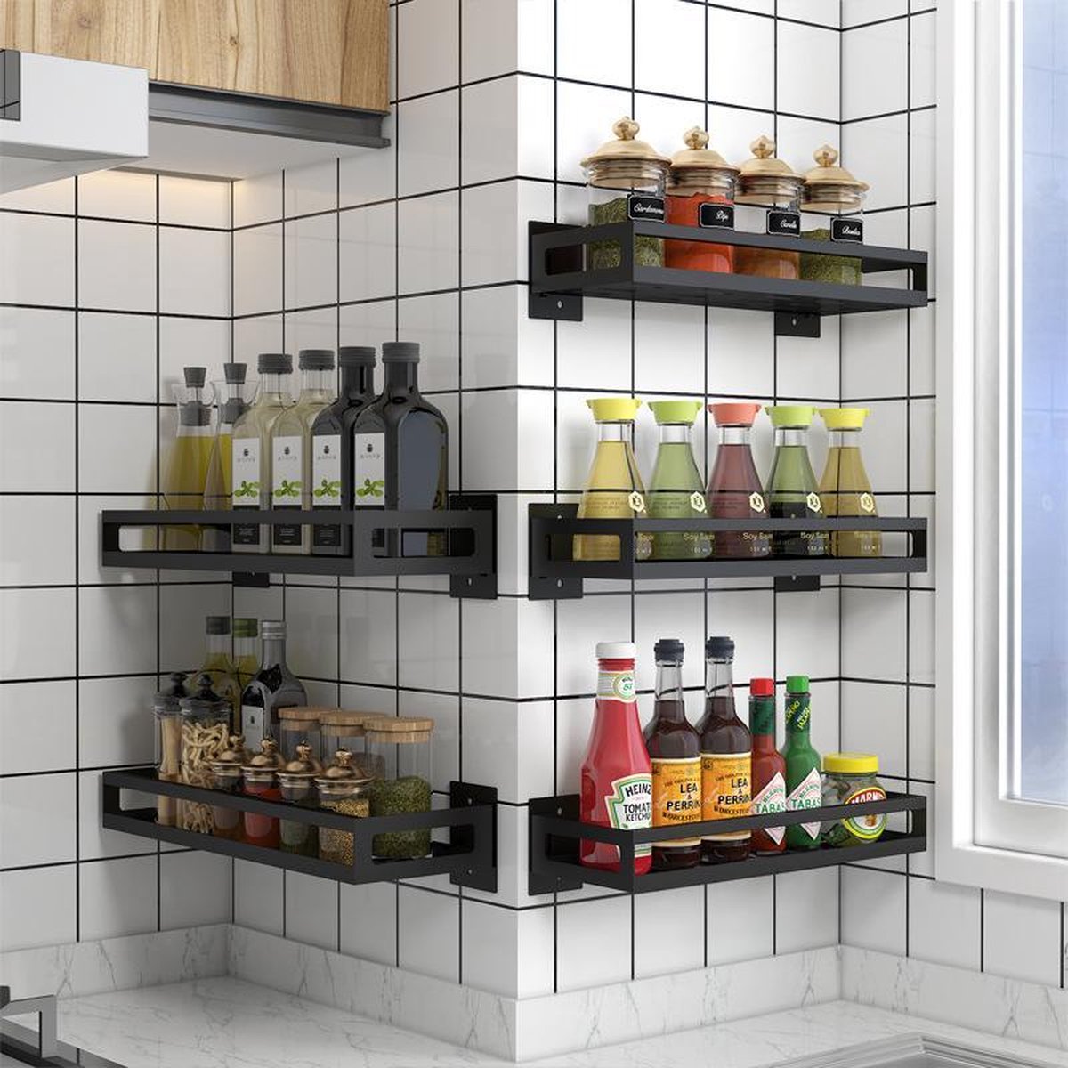 Merkloos Kruidenrek / Opbergrek - RVS - Perforatievrij Aan De Muur Gemonteerd - 50x13x6 Cm - Zwart