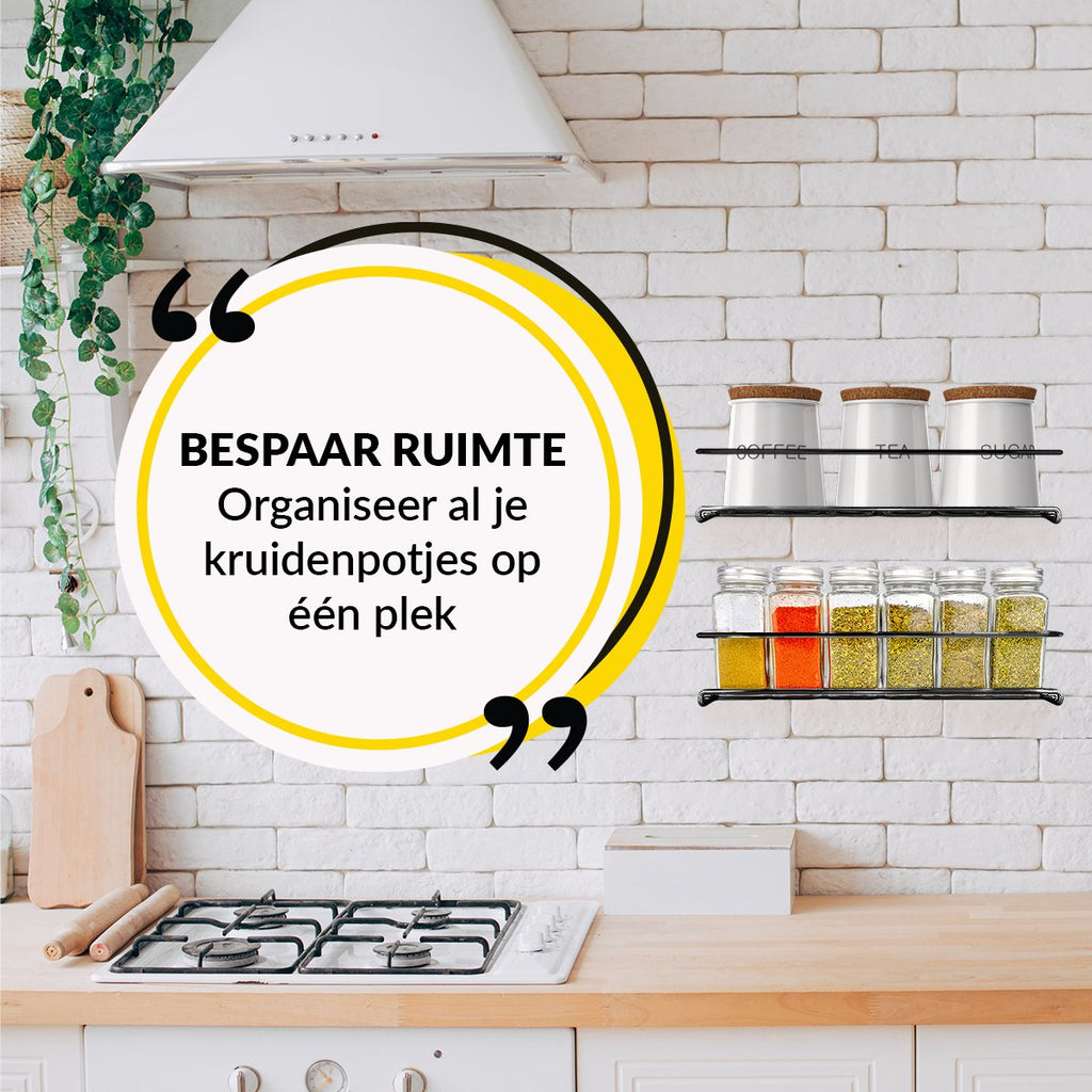  YORGS Kruidenrek Ophangbaar - Kruidenrekje Voor Potjes - Kruidenrekken Hangend 4 Stuks - Zwart - Inc Ophangmateriaal