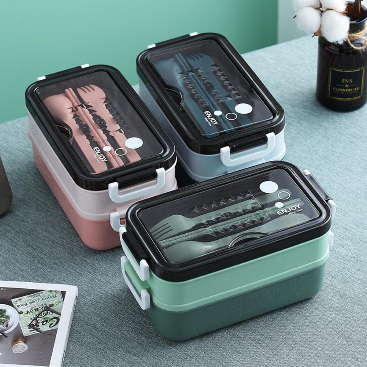  Lunchbox - Meal Prep Bakjes - Lunch Box Met Deksel - Meal Prep – Bento Box - Lunchtrommel Met Bestek Groen